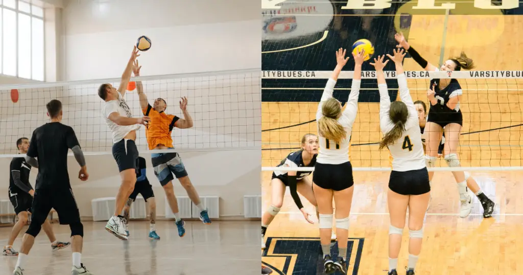 Double stock photo collage. Left photo shows two men playing volleyball mid-jump on opposite sides of a volleyball net. Right photo shows two women, teammates, playing volleyball mid-jump, blocking a volleyball.