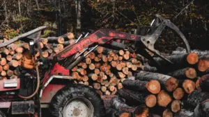 Stock photo of man operating a machine stacking logs in a pile.