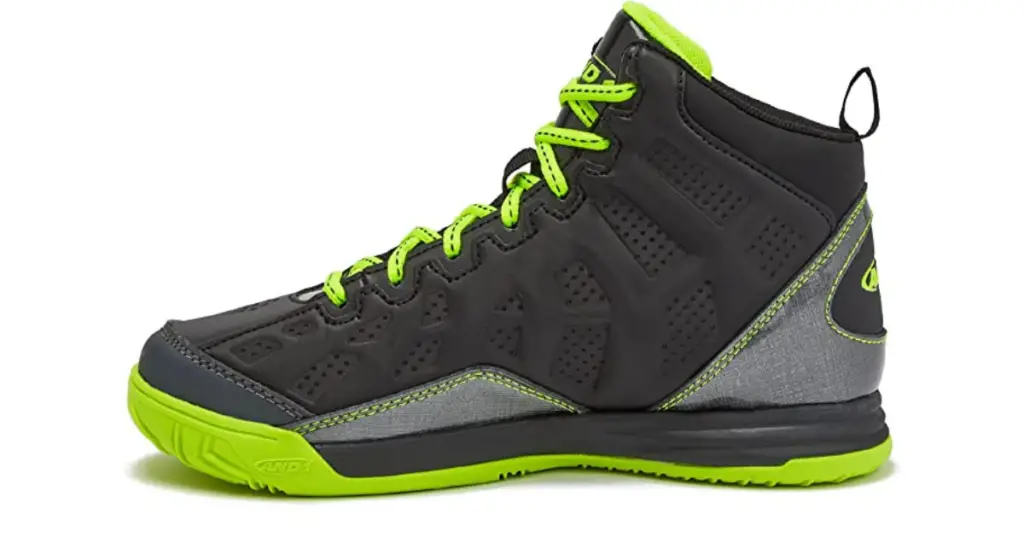 Product photo of ND1 Showout Boys' Basketball Shoe, dark gray with light gray accents and lime green sole and lime green laces.