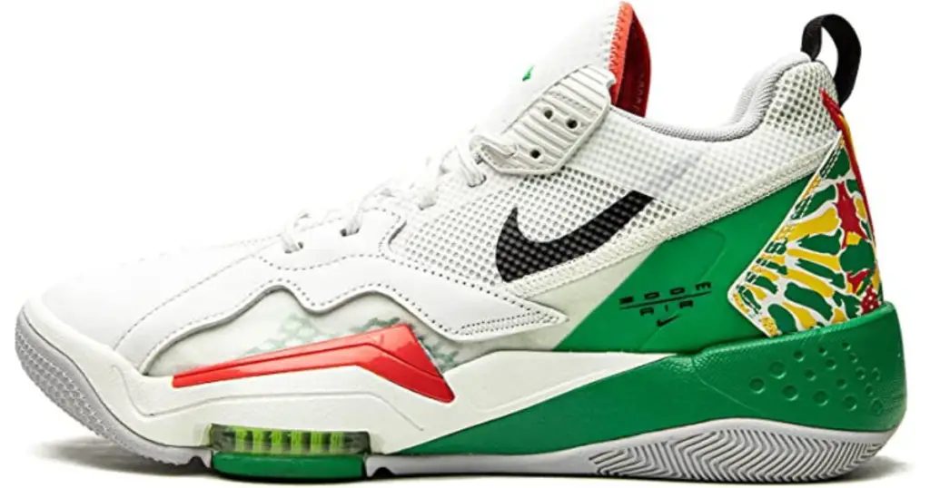 Product photo of Air Jordan Men's Zoom 92, white with green and yellow accents, black Nike swoosh on upper side, and green and white sole.