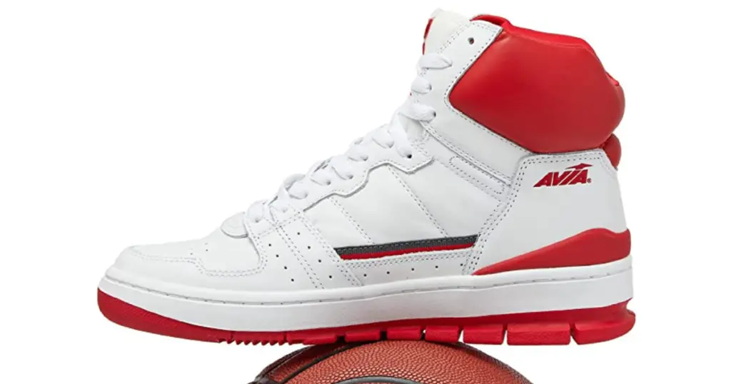 The Avia 830 shoe in profile, all white with red upper and bottom of the sole, and red AVIA logo on the side of the heel.