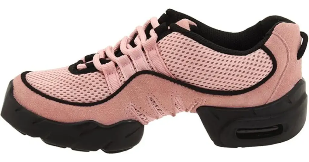 Product photo of Bloch Boost Mesh Split-Sole Dance Sneaker, pink with black outsole and pink mesh cutout on side.