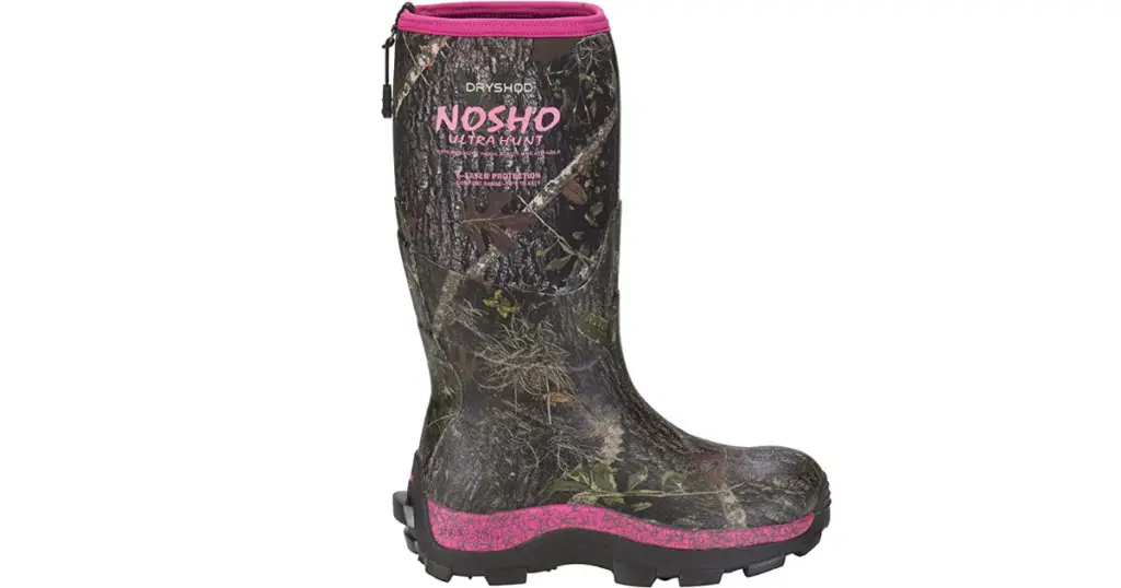 Product photo of cold weather hunting boot Dryshod Womens NoSho Ultra Hunt Cold Conditions Hunting Boot, dark brown camo print with pink detailing around sole and top opening.