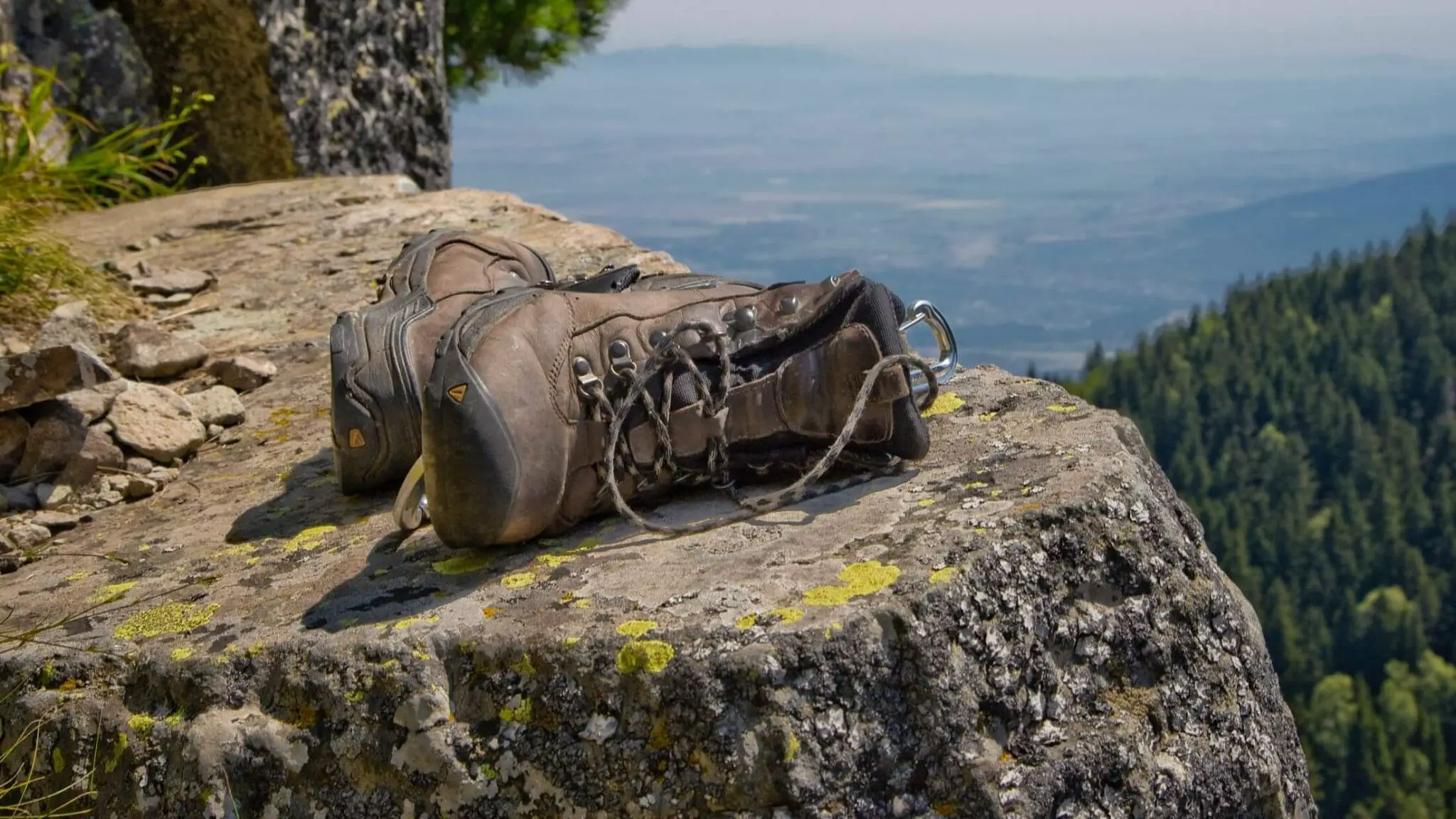 Pair of safety hiking boots sitting on their side on a rock with forest below and in the background.
