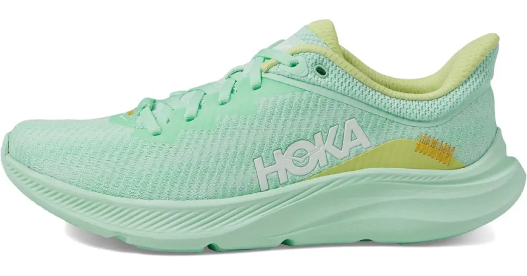 Product photo of Hoka One One Solimar, mint green with white HOKA text on the side.