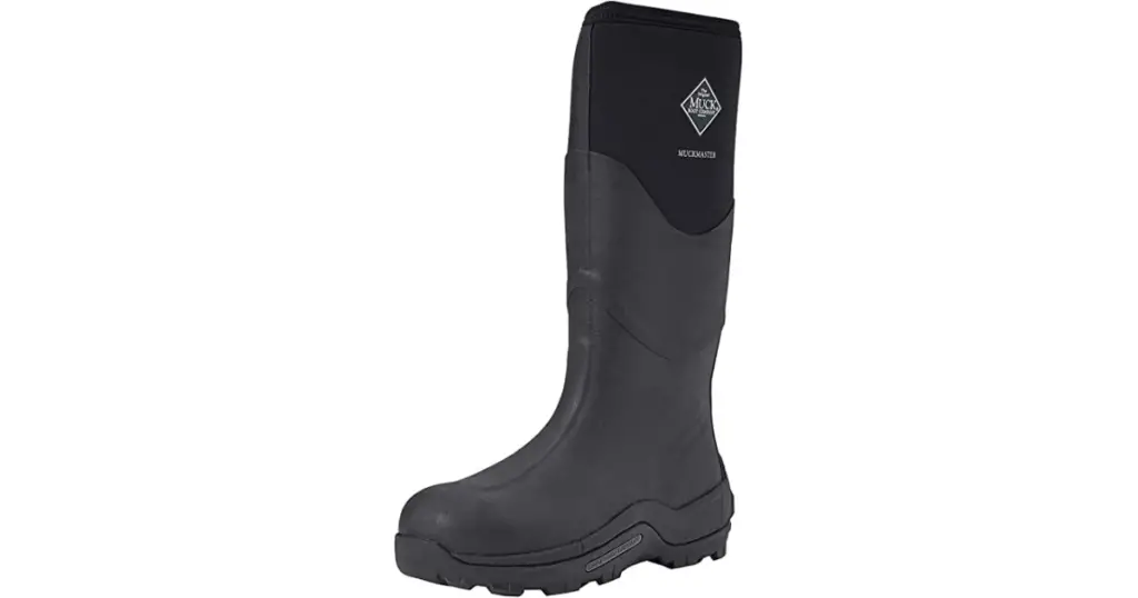 Product photo of cold weather hunting boot Muck Boot Adult MuckMaster Hi-Cut Boot, all black rubber with Muck logo on the upper top side.
