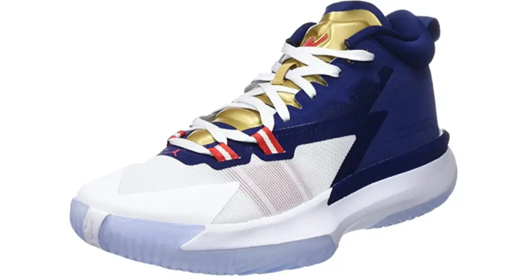 Product photo of Jordan Zion 1 basketball shoe, white sole and front toe, with blue heel and gold tongue showing through white laces.