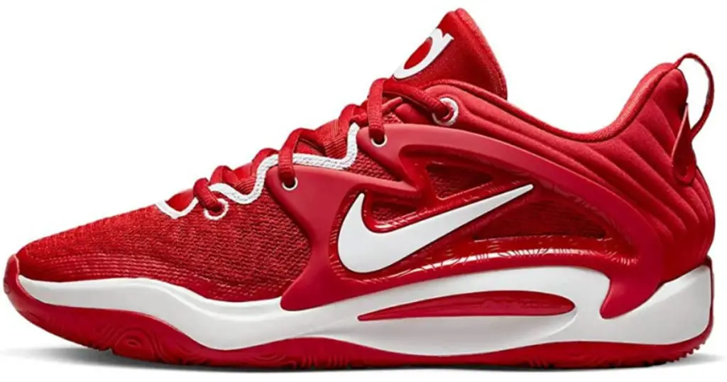 Red KD 15 basketball shoe with white detailing (laces and side of heel) and white Nike swoosh on side.