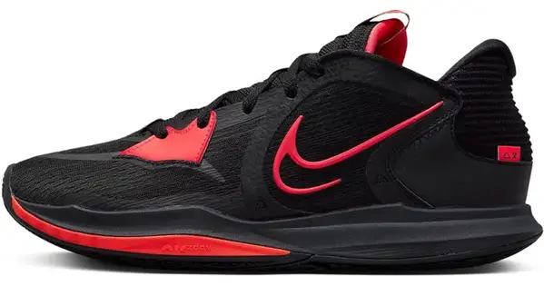 Product photo of Nike Kyrie Low 5 basketball shoe, black with red accents and red outline of Nike swoosh.