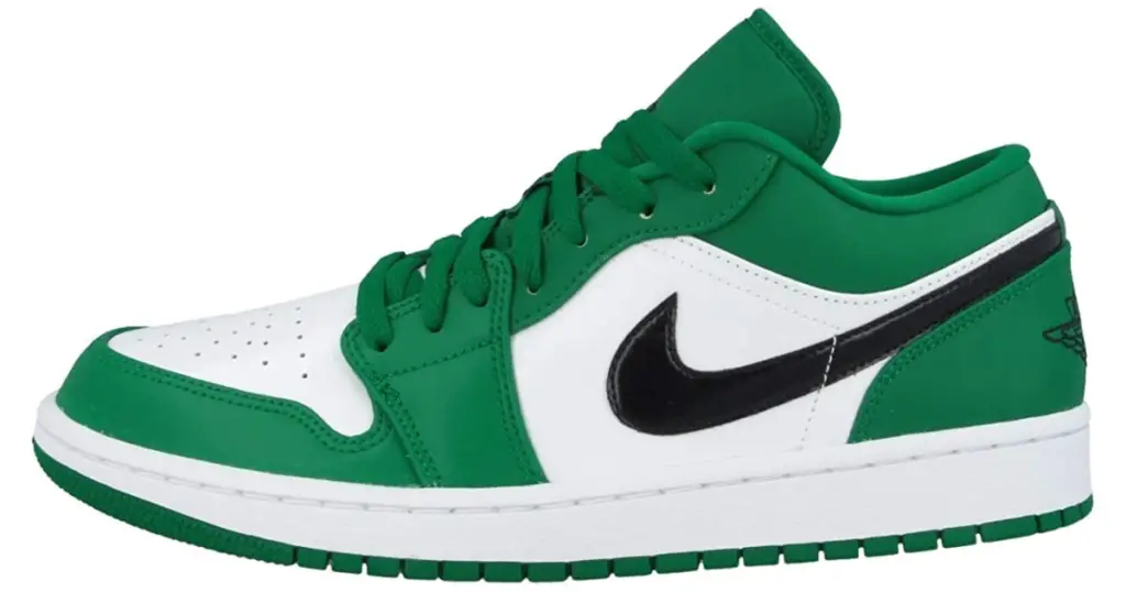 A profile of a green low-top Nike Men’s Air Jordan 1 basketball shoe, with white side panel and top of the ole, and black Nike swoosh on the side.