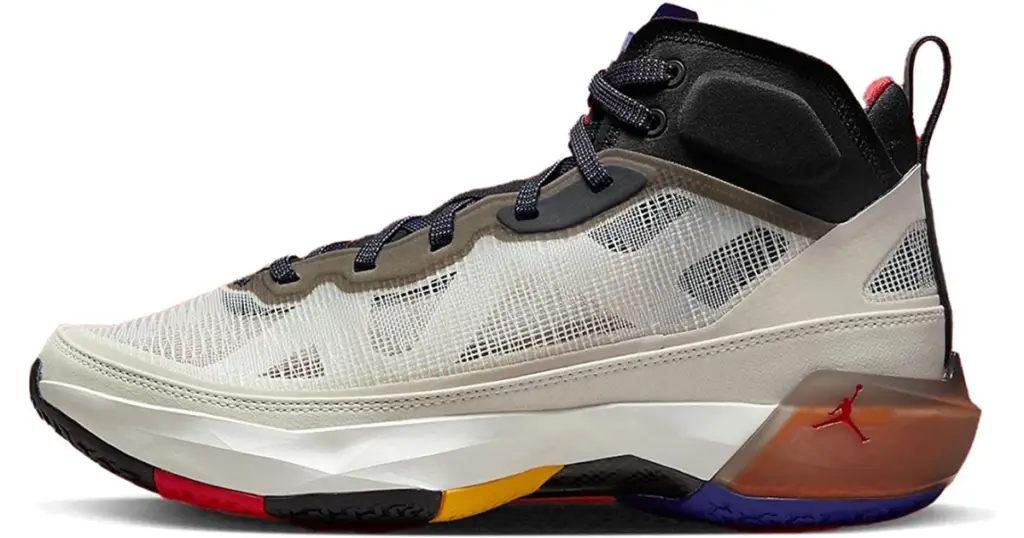 Product photo of 1. Nike Men's Air Jordan XXXVII basketball shoe, white with cutout design and red Air Jordan logo on back heel.