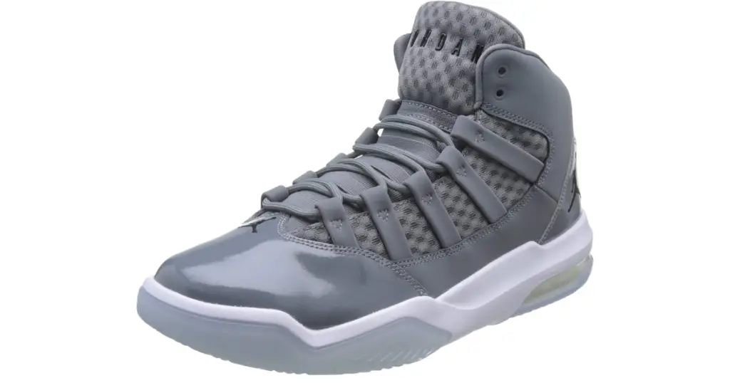 Closeup of single Nike Men’s Jordan Max Aura Basketball Shoe, all gray with white and gray sole.