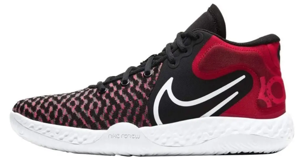 Product photo of the Nike KD Trey 5 VIII, red and black wavy detailing on the front and solid red on the back, with white outline Nike swoosh on the side, and white sole.
