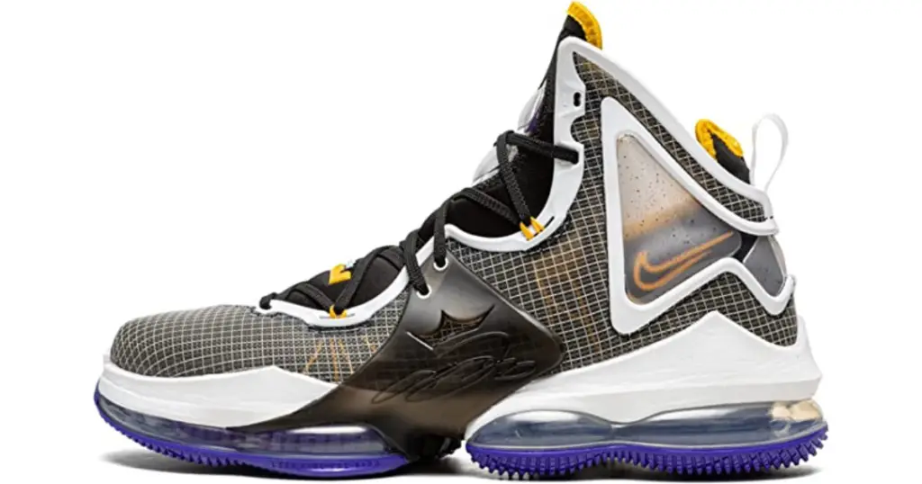 Product photo of Nike Men's Lebron 19 basketball shoe, white sole with black and gold accents.