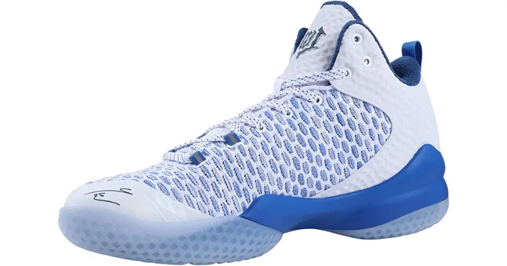 Product photo of PEAK High Top Men’s basketball shoe, white and blue textured design with white and blue accents, and light blue sole.