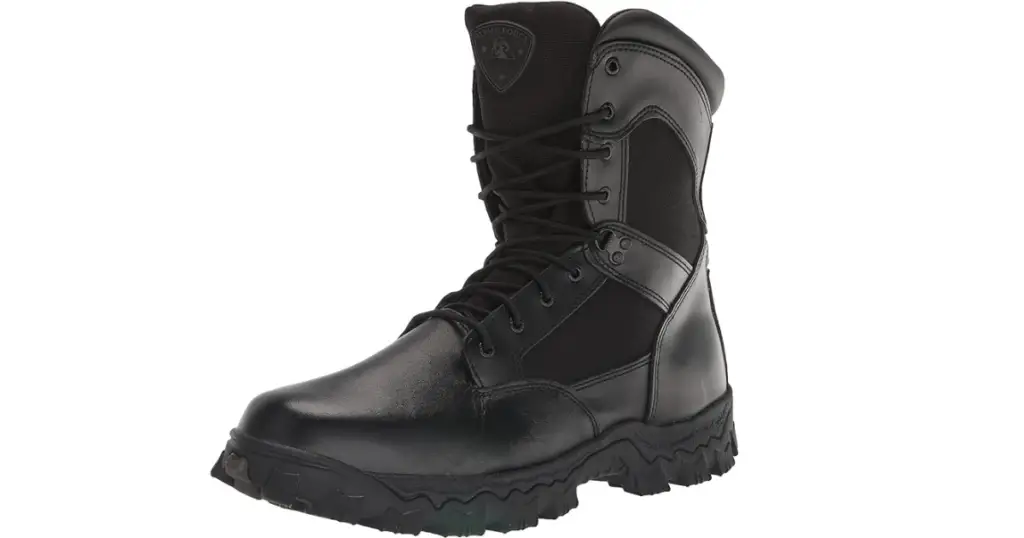 Product photo of Rocky Men’s Alphaforce Zipper Waterproof Boot, all balck with cutouts and rugged outsole.