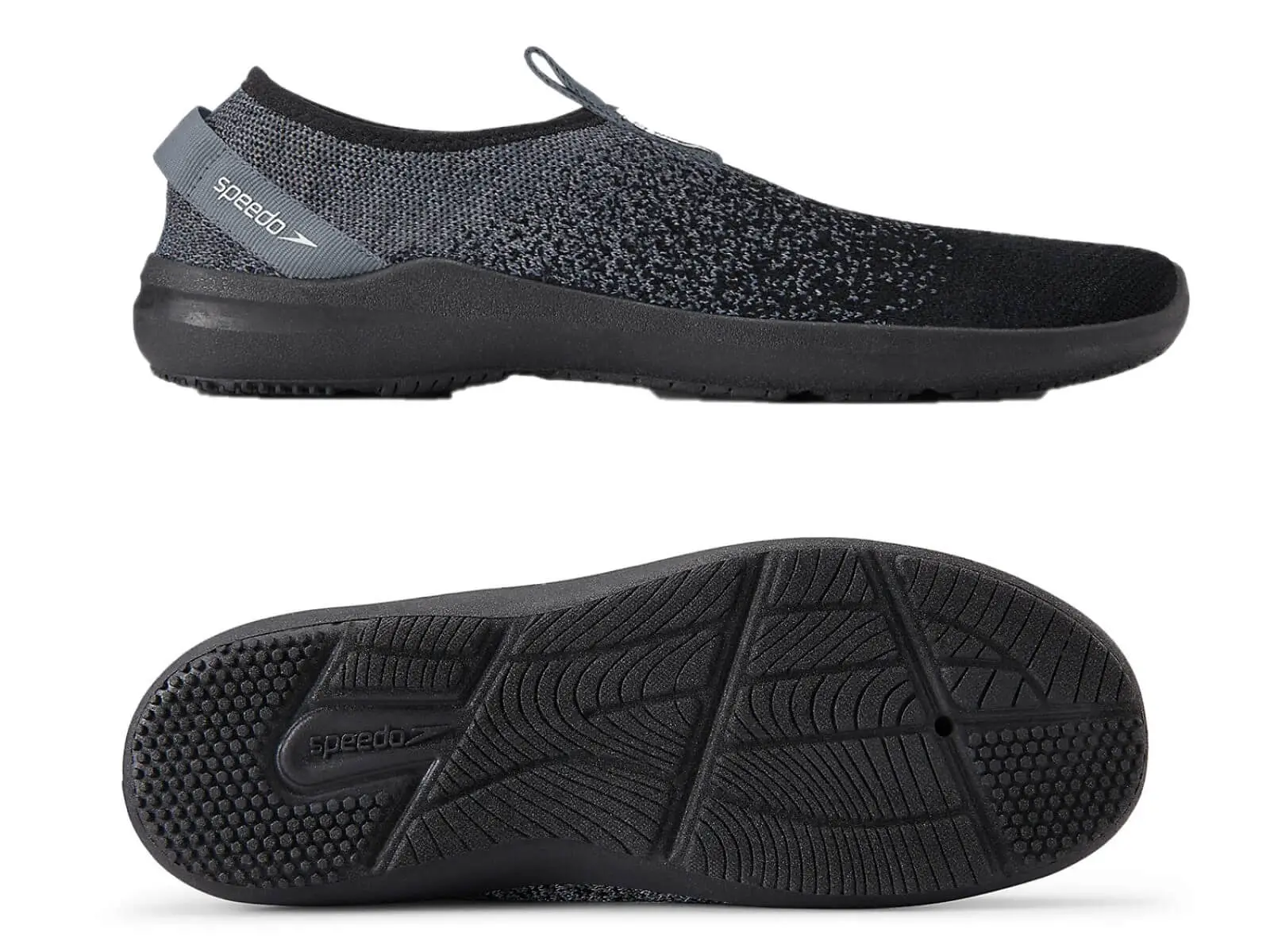 Speedo Surf Knit Pro grey and black in profile and the S-traction outsole system detail