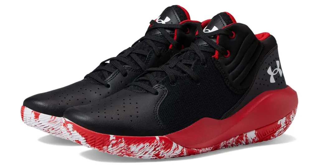 Product photo of Under Armour Jet '21 basketball shoes, black with red soles and white Under Armour logo on back.