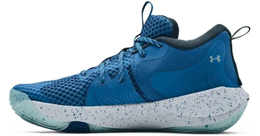 Product photo of Under Armour Embiid 1 basketball shoe, all blue with white sole with flecked blue and gray.