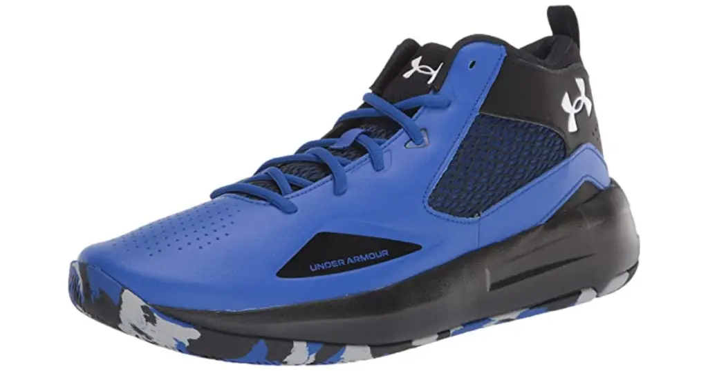 Product photo of Under Armour Men's Lockdown 5 basketball shoe, blue with black accents and black sole.
