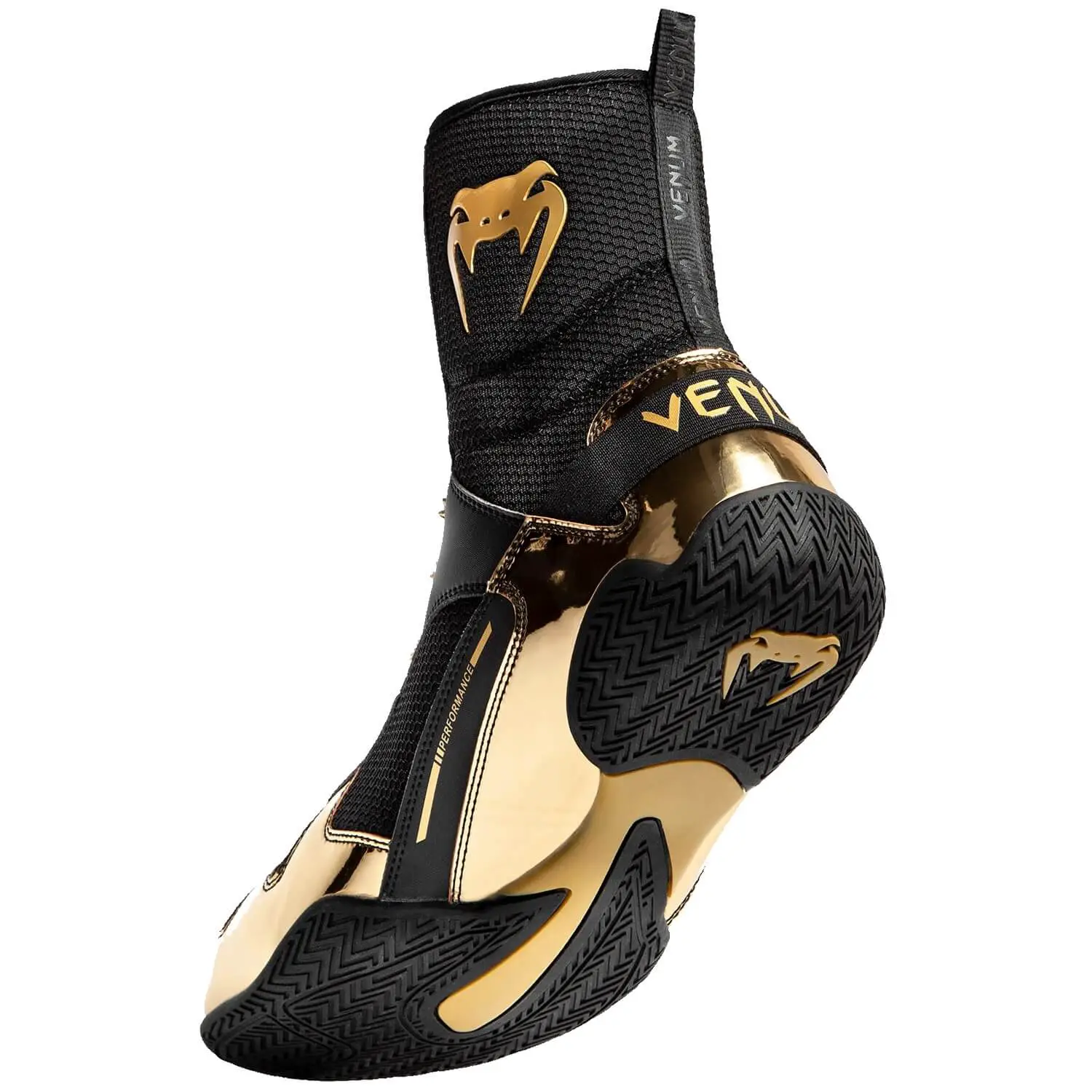 Black and gold Venum Elite rear shot showing upper and outsole