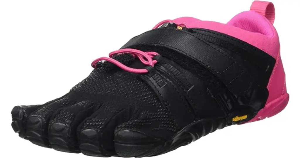 Product photo of Vibram FiveFingers V-Train 2.0 weightlifitng shoe for women, black with pink heel and distinct toe shapes.