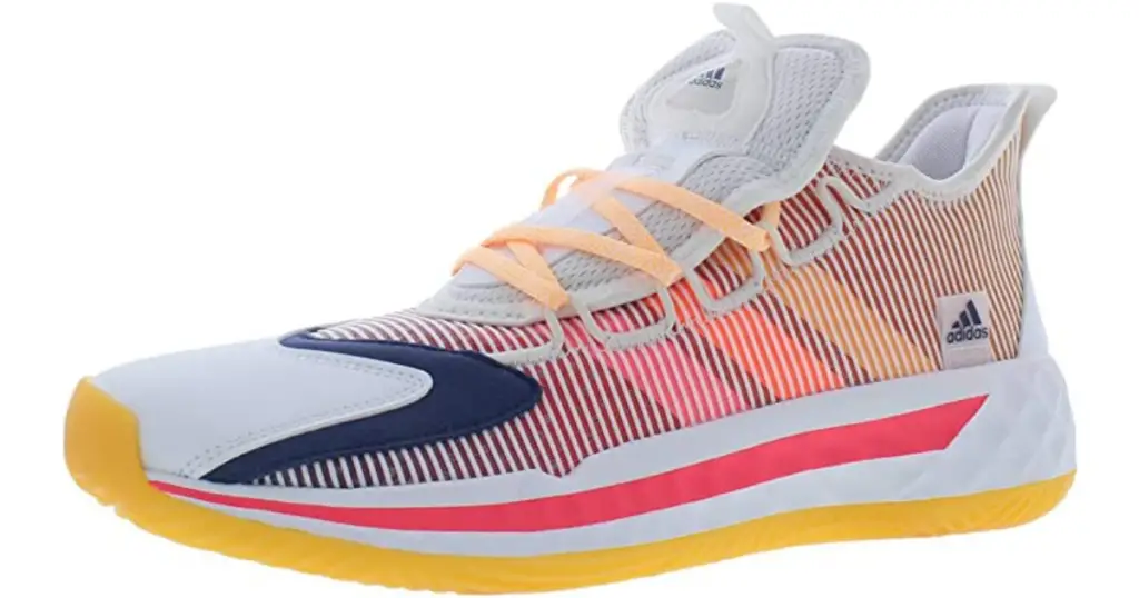 Profile pic of Coll3ctiv3 2020 Low basketball shoe, white with yellow and red Adidas stripes on the side under a white mini stripe, with white and yellow sole.