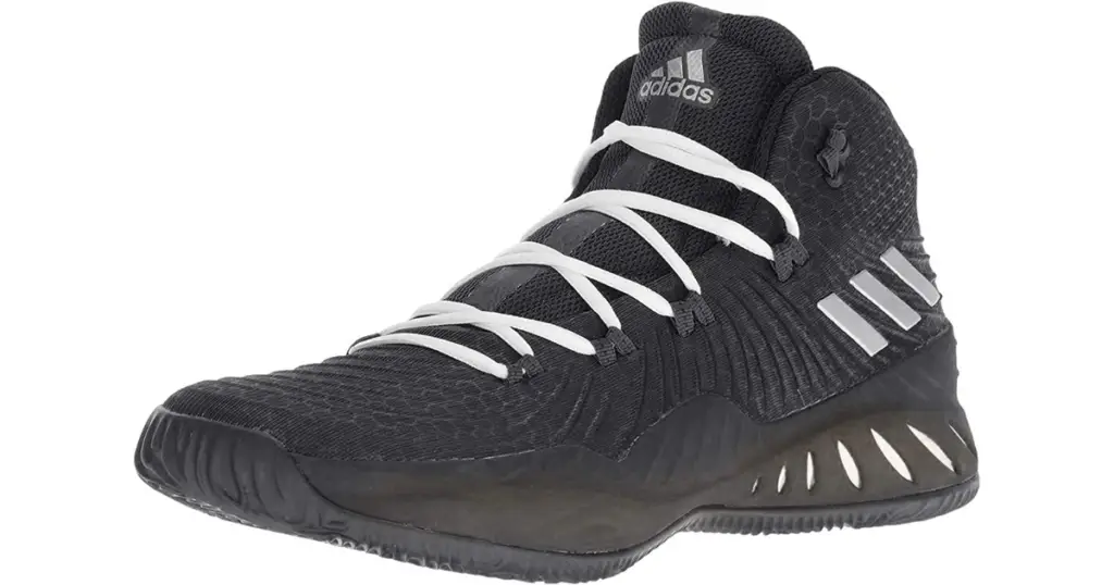 Side profile of Adidas Crazy Explosive Men’s Basketball Shoe, black with gray Adidas logo and white laces.