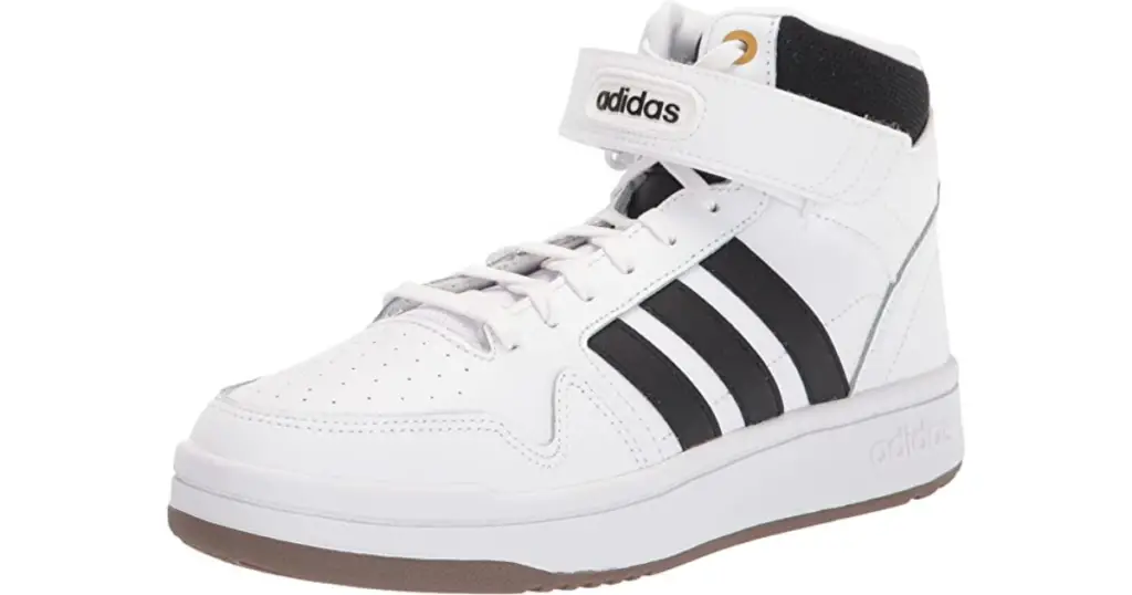 Product photo of Adidas Men's Postmove Mid Basketball Shoe, white with large black Adidas logo on side and brown bottom of the sole.
