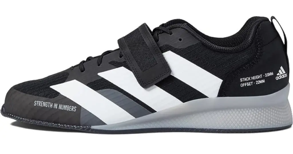 Product photo of Adidas AdiPower Weightlifting III shoe, black with white outsole and white Adidas stripes.