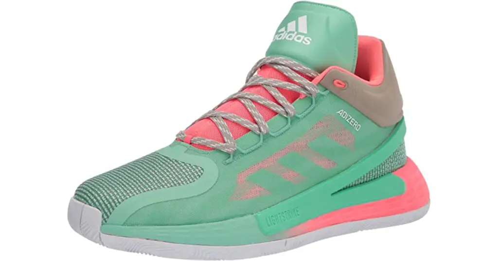The Adidas D Rose 11 shoe from the side, all mint green with salmon pink interior, back sole, and shoe tongue (under laces), with white Adidas logo on upper.