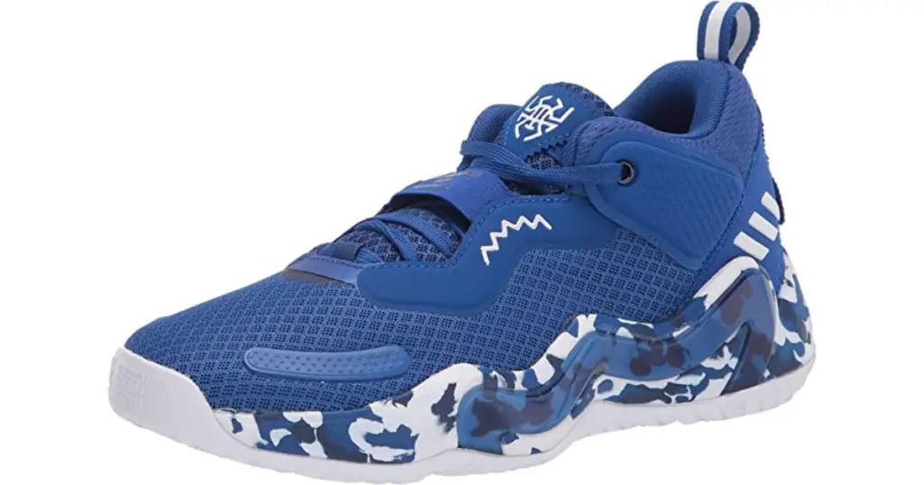 The Adidas D.O.N Issue 3 shoe in profile, all blue, with white and blue camo print on the sole.