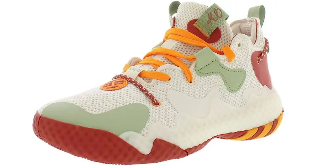 Product photo of Adidas Harden Vol. 6 basketball shoe, off-white with red sole, and green accents with orange laces.