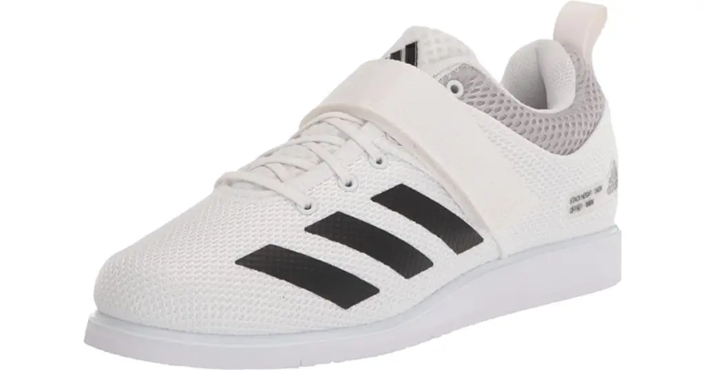 Product photo of Adidas Powerlift 5 weightlifting shoe for women, white with black Adidas logo on the side.