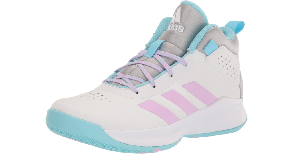 A white child's sneaker with pink Adidas stripes on the side, teal sole, and blue/teal interior, with lavender laces.