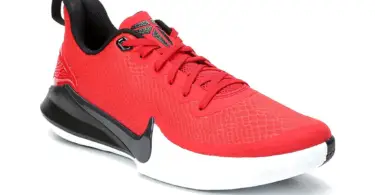 A profile of the Nike Men's Kobe Mamba Focus Basketball Shoe, red with black back sole and white front sole.