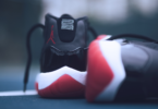 Two Air Jordan Basketball shoes, from the back, slightly out of focus.