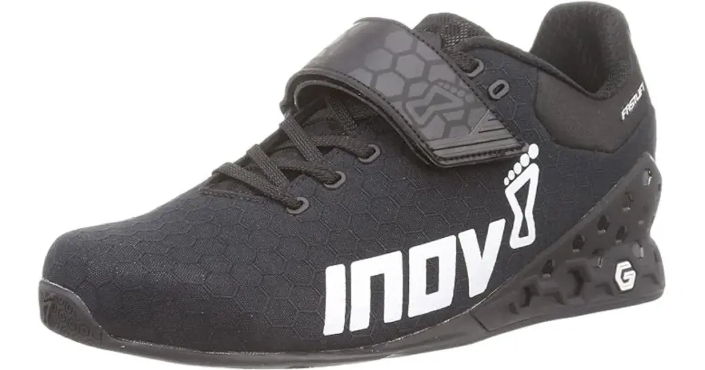 Product photo of INOV-8 Fastlift Power G 380 weightlifting shoe for women, black with white text on the side in white, "INOV 8".
